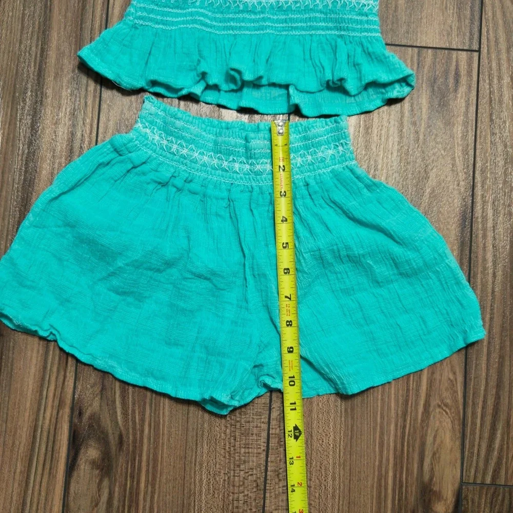Mayoral Girls Turquoise Cotton Gauze Smocked Ruffle Top & Shorts Set Size 10